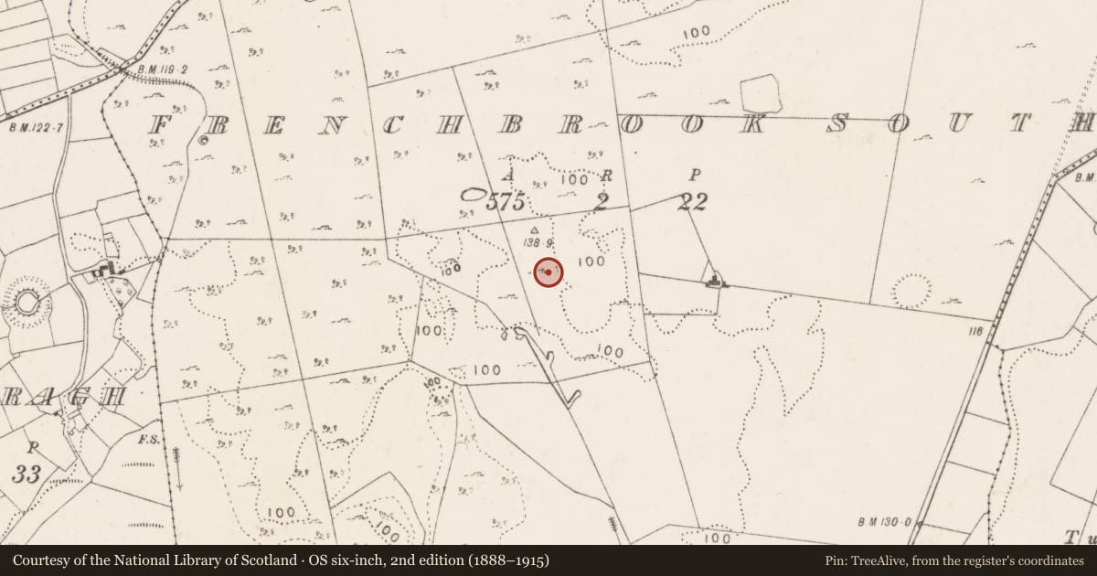 Ordnance Survey six-inch map, 2nd edition (1888–1915) covering the location of Enclosure, Frenchbrook South, County Mayo, with a pin at the register's coordinates