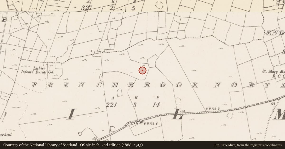 Ordnance Survey six-inch map, 2nd edition (1888–1915) covering the location of Enclosure, Frenchbrook North, County Mayo, with a pin at the register's coordinates