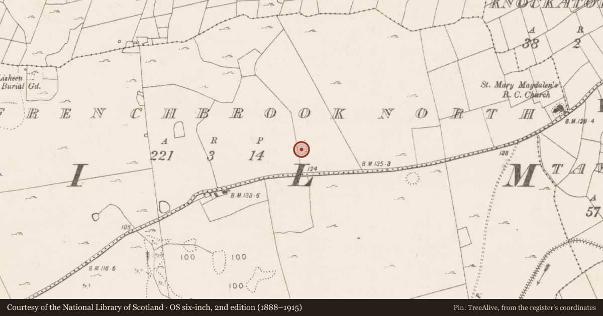 Ordnance Survey six-inch map, 2nd edition (1888–1915) covering the location of Ringfort - rath, Frenchbrook North, County Mayo, with a pin at the register's coordinates