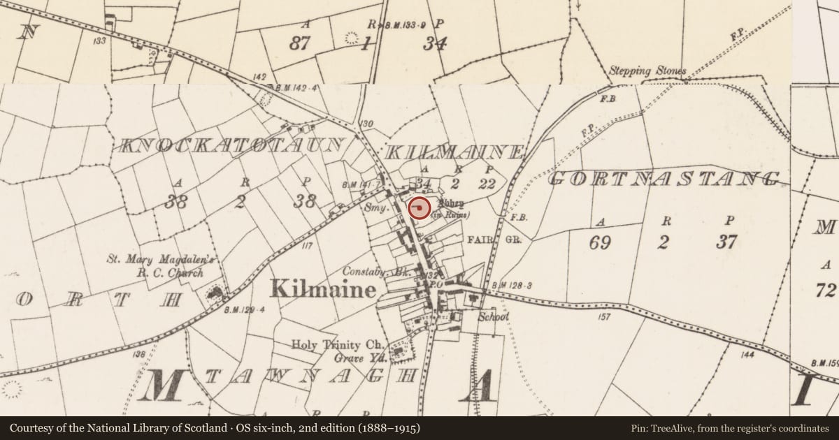 Ordnance Survey six-inch map, 2nd edition (1888–1915) covering the location of Church, Kilmaine, County Mayo, with a pin at the register's coordinates