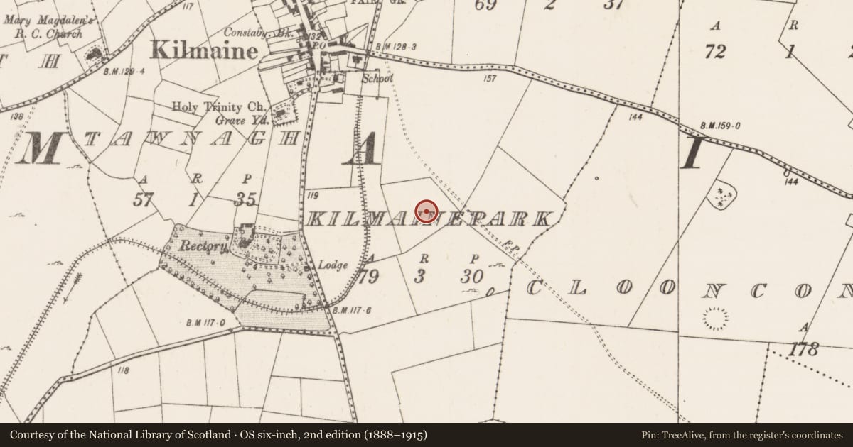 Ordnance Survey six-inch map, 2nd edition (1888–1915) covering the location of Ringfort - rath, Kilmainepark, County Mayo, with a pin at the register's coordinates