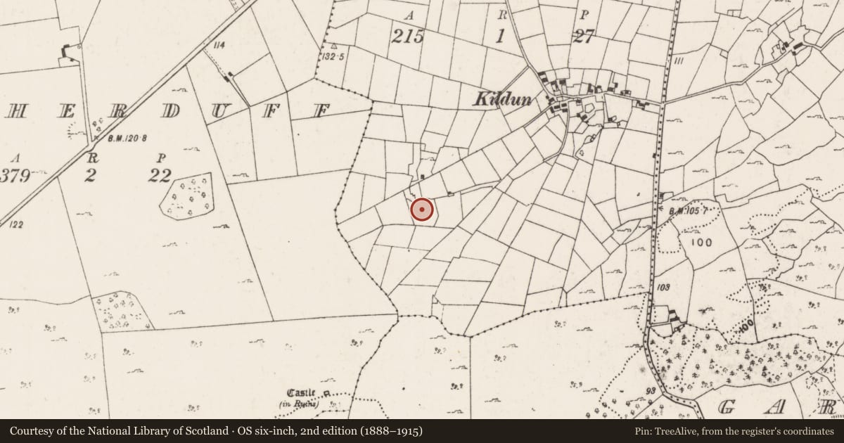 Ordnance Survey six-inch map, 2nd edition (1888–1915) covering the location of Enclosure, Kildun Beg, County Mayo, with a pin at the register's coordinates