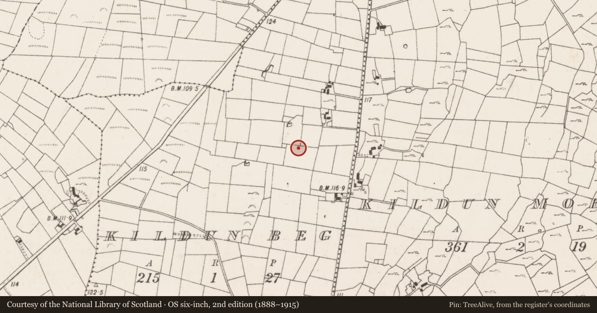Ordnance Survey six-inch map, 2nd edition (1888–1915) covering the location of Enclosure, Kildun Beg, County Mayo, with a pin at the register's coordinates