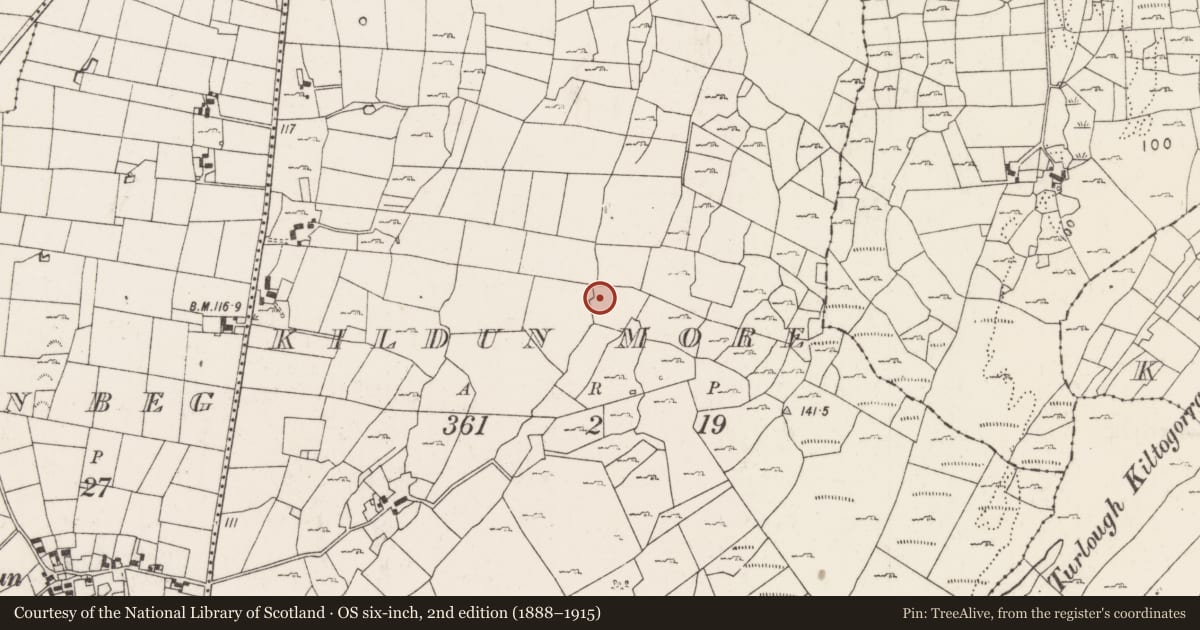 Ordnance Survey six-inch map, 2nd edition (1888–1915) covering the location of Enclosure, Kildun More, County Mayo, with a pin at the register's coordinates