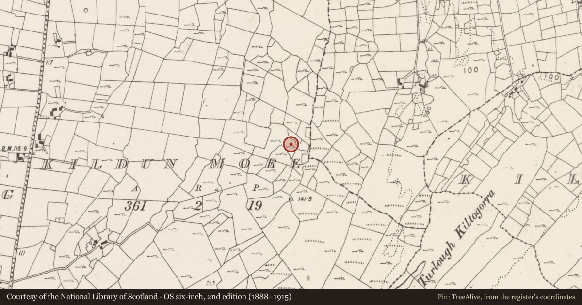 Ordnance Survey six-inch map, 2nd edition (1888–1915) covering the location of Enclosure, Kildun More, County Mayo, with a pin at the register's coordinates