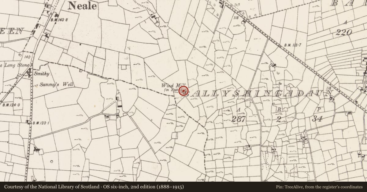 Ordnance Survey six-inch map, 2nd edition (1888–1915) covering the location of Windmill, Ballyshingadaun, County Mayo, with a pin at the register's coordinates