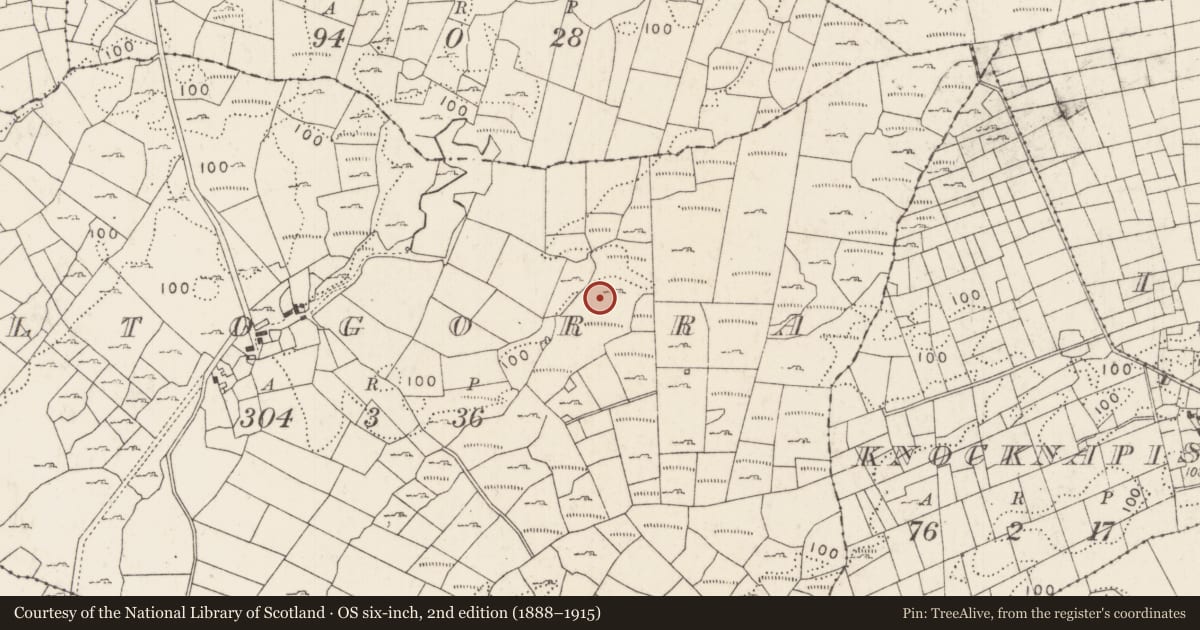 Ordnance Survey six-inch map, 2nd edition (1888–1915) covering the location of Enclosure, Kiltogorra, County Mayo, with a pin at the register's coordinates