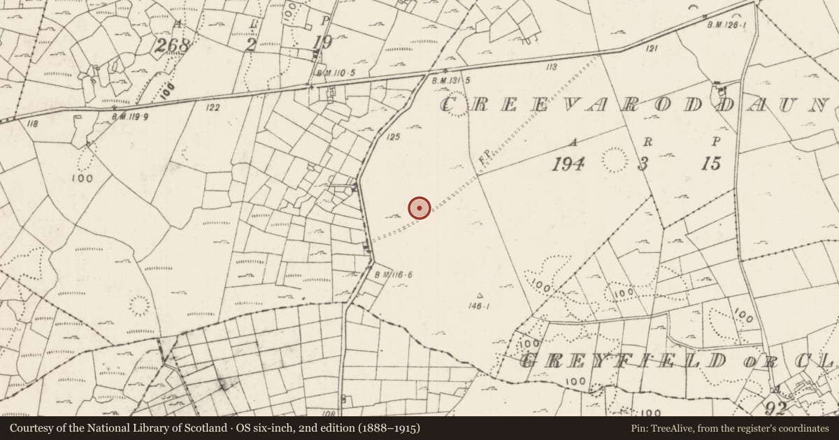 Ordnance Survey six-inch map, 2nd edition (1888–1915) covering the location of Enclosure, Creevaroddaun, County Mayo, with a pin at the register's coordinates
