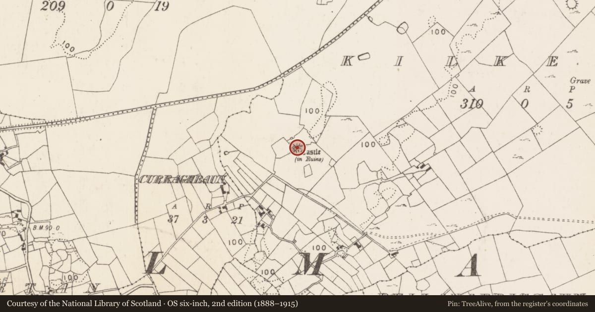 Ordnance Survey six-inch map, 2nd edition (1888–1915) covering the location of Castle - tower house, Kilkeeran (Kilmaine By., Kilmainebeg Par.), County Mayo, with a pin at the register's coordinates