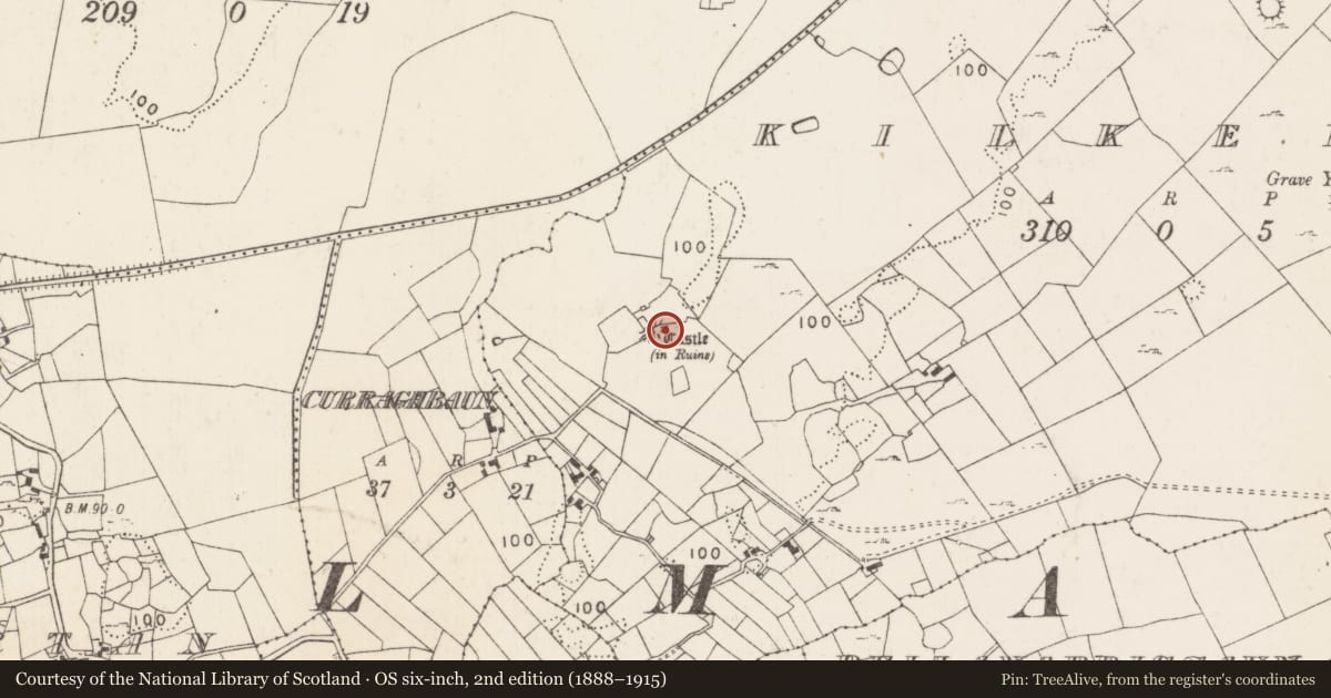 Ordnance Survey six-inch map, 2nd edition (1888–1915) covering the location of Bawn, Kilkeeran (Kilmaine By., Kilmainebeg Par.), County Mayo, with a pin at the register's coordinates