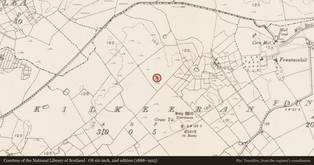 Ordnance Survey six-inch map, 2nd edition (1888–1915) covering the location of Enclosure, Kilkeeran (Kilmaine By., Kilmainebeg Par.), County Mayo, with a pin at the register's coordinates