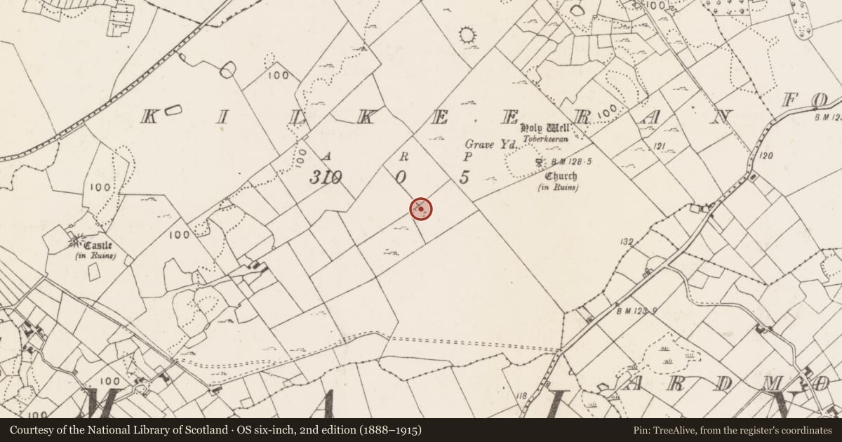 Ordnance Survey six-inch map, 2nd edition (1888–1915) covering the location of Enclosure, Kilkeeran (Kilmaine By., Kilmainebeg Par.), County Mayo, with a pin at the register's coordinates