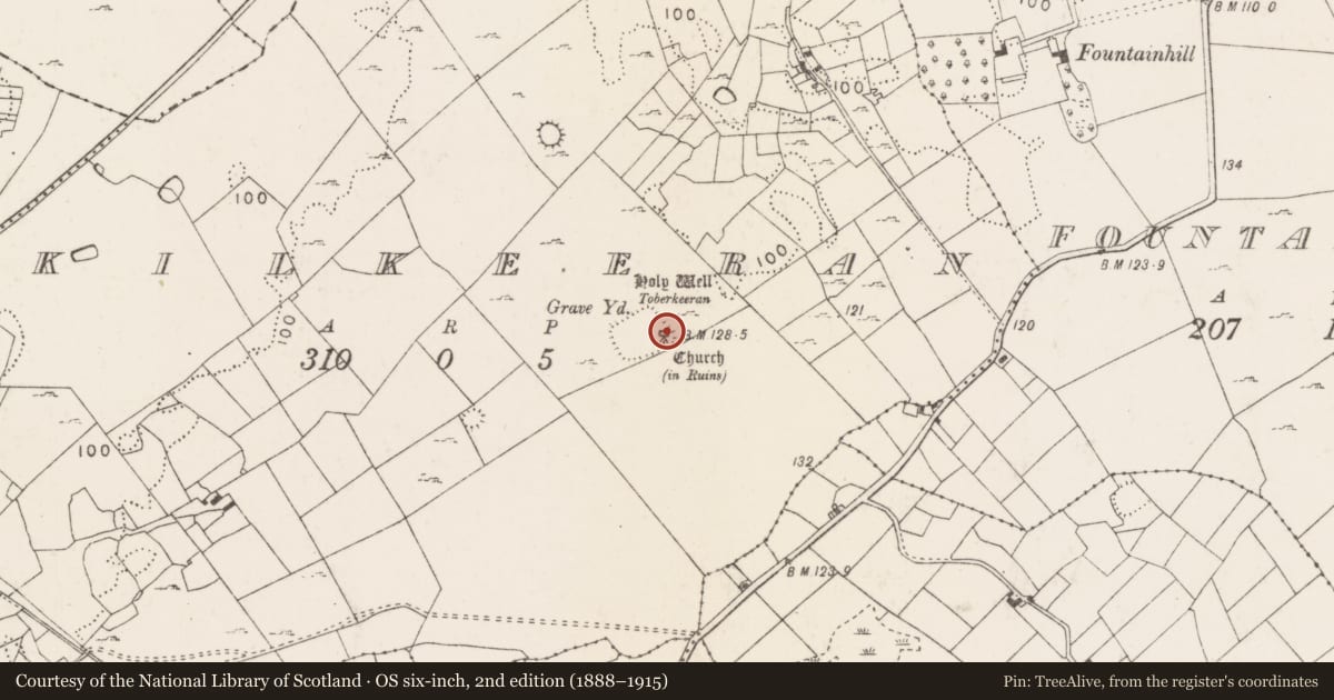 Ordnance Survey six-inch map, 2nd edition (1888–1915) covering the location of Church, Kilkeeran (Kilmaine By., Kilmainebeg Par.), County Mayo, with a pin at the register's coordinates