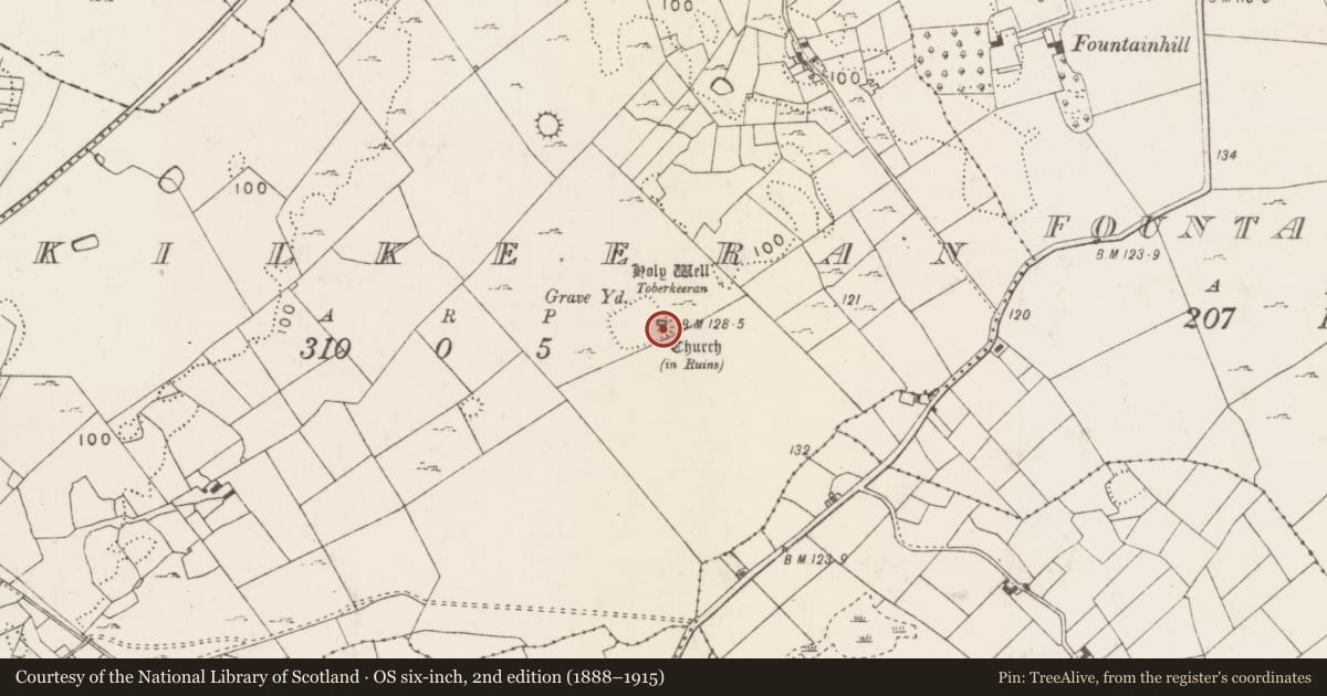 Ordnance Survey six-inch map, 2nd edition (1888–1915) covering the location of Graveyard, Kilkeeran (Kilmaine By., Kilmainebeg Par.), County Mayo, with a pin at the register's coordinates