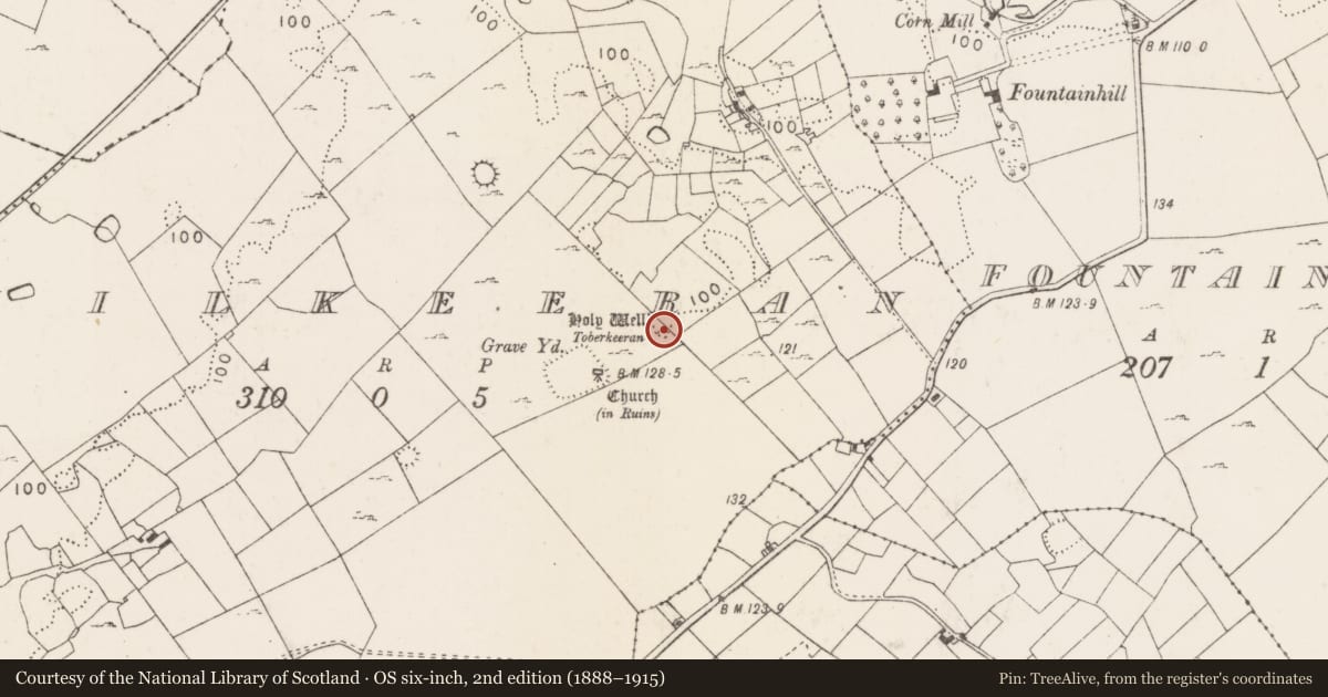 Ordnance Survey six-inch map, 2nd edition (1888–1915) covering the location of Ritual site - holy well, Kilkeeran (Kilmaine By., Kilmainebeg Par.), County Mayo, with a pin at the register's coordinates