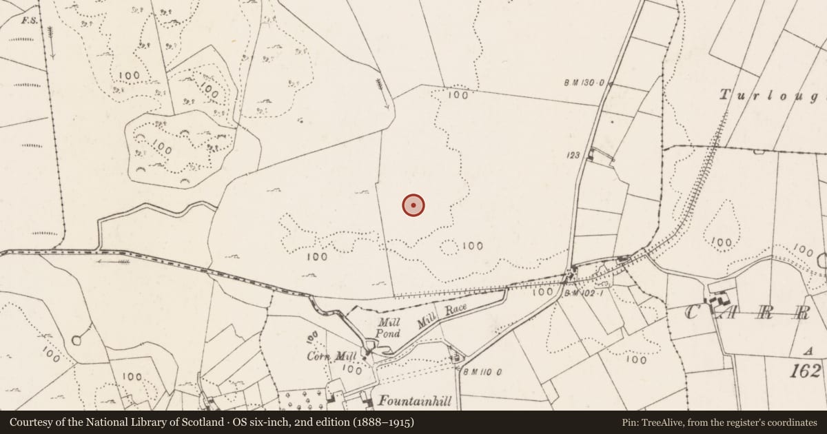 Ordnance Survey six-inch map, 2nd edition (1888–1915) covering the location of Moated site, Frenchbrook South, County Mayo, with a pin at the register's coordinates