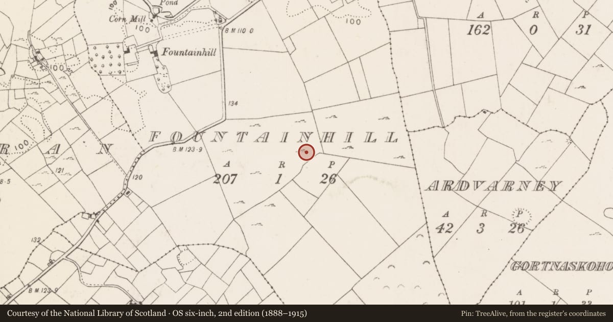 Ordnance Survey six-inch map, 2nd edition (1888–1915) covering the location of Enclosure, Fountainhill, County Mayo, with a pin at the register's coordinates