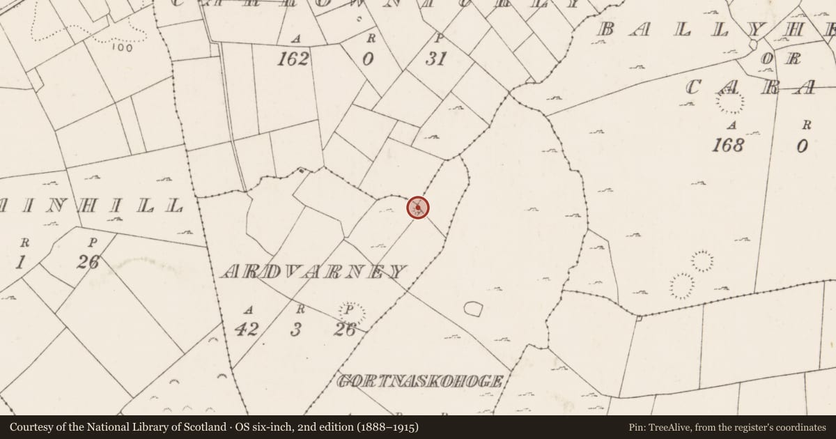 Ordnance Survey six-inch map, 2nd edition (1888–1915) covering the location of Earthwork, Ardvarney, County Mayo, with a pin at the register's coordinates