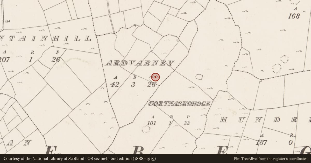 Ordnance Survey six-inch map, 2nd edition (1888–1915) covering the location of Enclosure, Ardvarney, County Mayo, with a pin at the register's coordinates