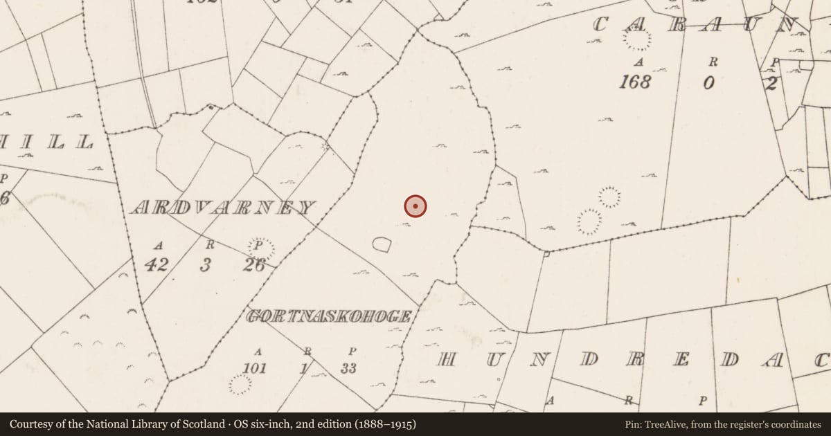 Ordnance Survey six-inch map, 2nd edition (1888–1915) covering the location of Enclosure, Gortnaskohoge, County Mayo, with a pin at the register's coordinates