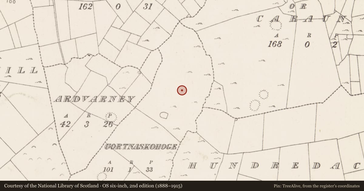 Ordnance Survey six-inch map, 2nd edition (1888–1915) covering the location of Enclosure, Gortnaskohoge, County Mayo, with a pin at the register's coordinates