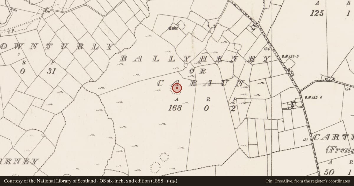 Ordnance Survey six-inch map, 2nd edition (1888–1915) covering the location of Ringfort - cashel, Ballyhenry Or Caraun, County Mayo, with a pin at the register's coordinates