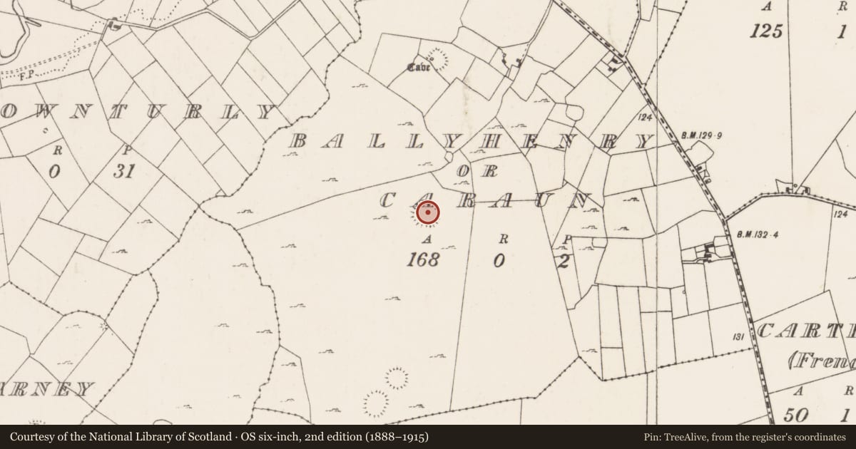 Ordnance Survey six-inch map, 2nd edition (1888–1915) covering the location of Souterrain, Ballyhenry Or Caraun, County Mayo, with a pin at the register's coordinates