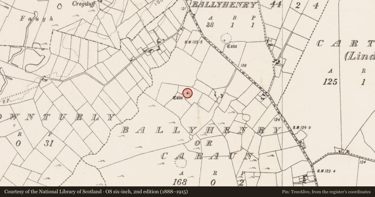 Ordnance Survey six-inch map, 2nd edition (1888–1915) covering the location of Souterrain, Ballyhenry Or Caraun, County Mayo, with a pin at the register's coordinates