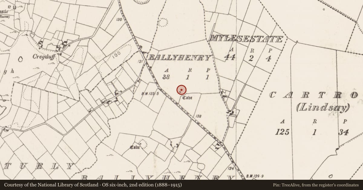 Ordnance Survey six-inch map, 2nd edition (1888–1915) covering the location of Souterrain, Ballyhenry, County Mayo, with a pin at the register's coordinates