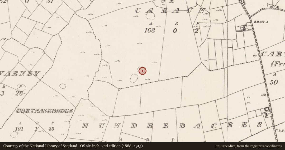 Ordnance Survey six-inch map, 2nd edition (1888–1915) covering the location of House - indeterminate date, Ballyhenry Or Caraun, County Mayo, with a pin at the register's coordinates