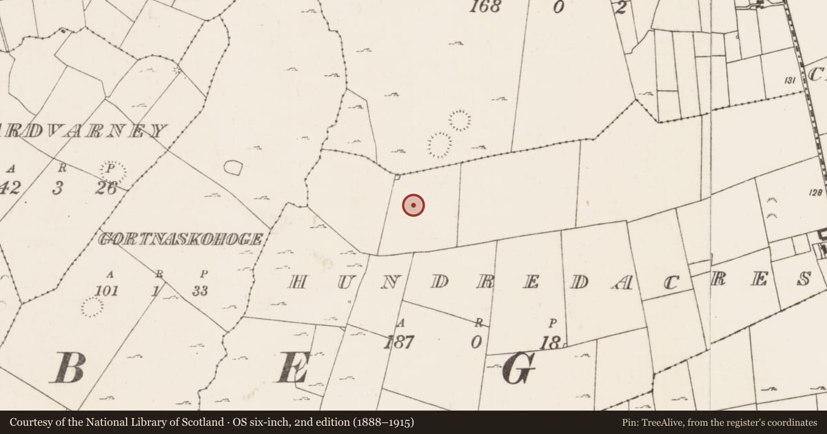 Ordnance Survey six-inch map, 2nd edition (1888–1915) covering the location of Enclosure, Hundred Acres, County Mayo, with a pin at the register's coordinates