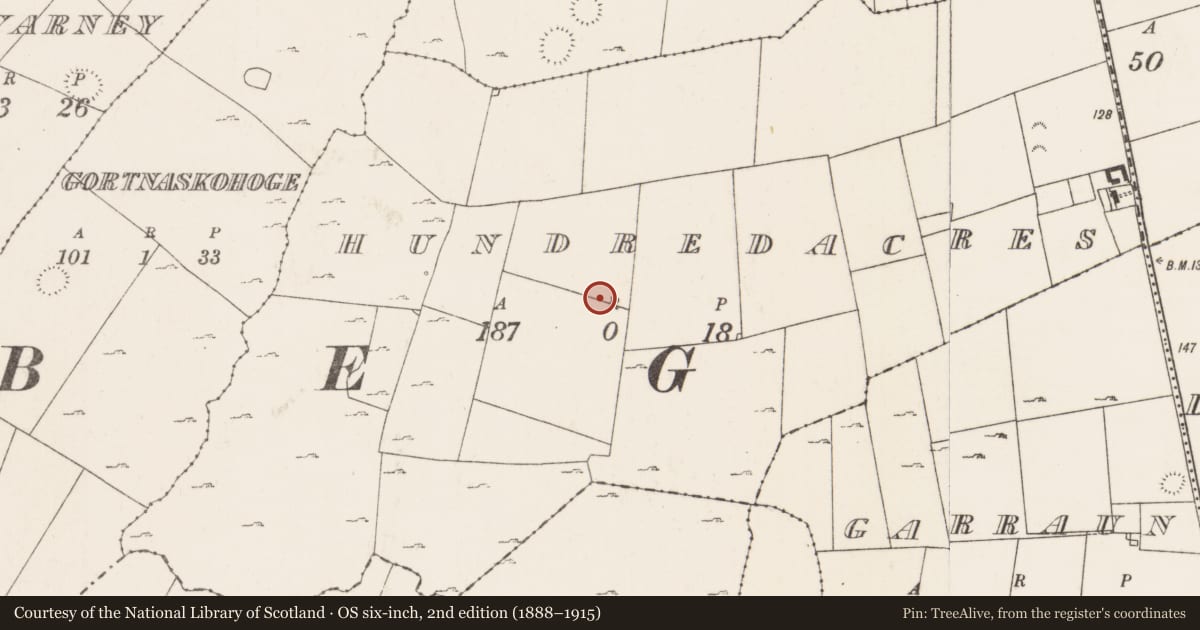 Ordnance Survey six-inch map, 2nd edition (1888–1915) covering the location of Enclosure, Hundred Acres, County Mayo, with a pin at the register's coordinates