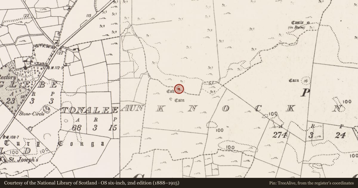 Ordnance Survey six-inch map, 2nd edition (1888–1915) covering the location of Souterrain, Caherduff, Knock North, County Mayo, with a pin at the register's coordinates