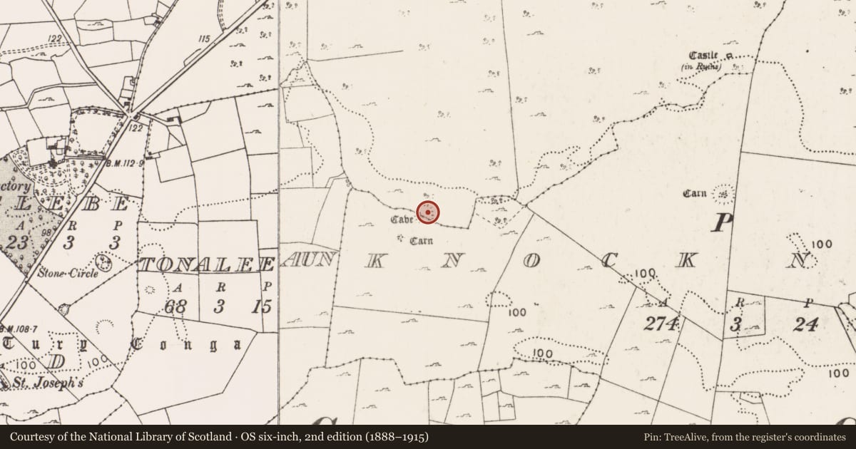 Ordnance Survey six-inch map, 2nd edition (1888–1915) covering the location of Souterrain, Caherduff, Knock North, County Mayo, with a pin at the register's coordinates
