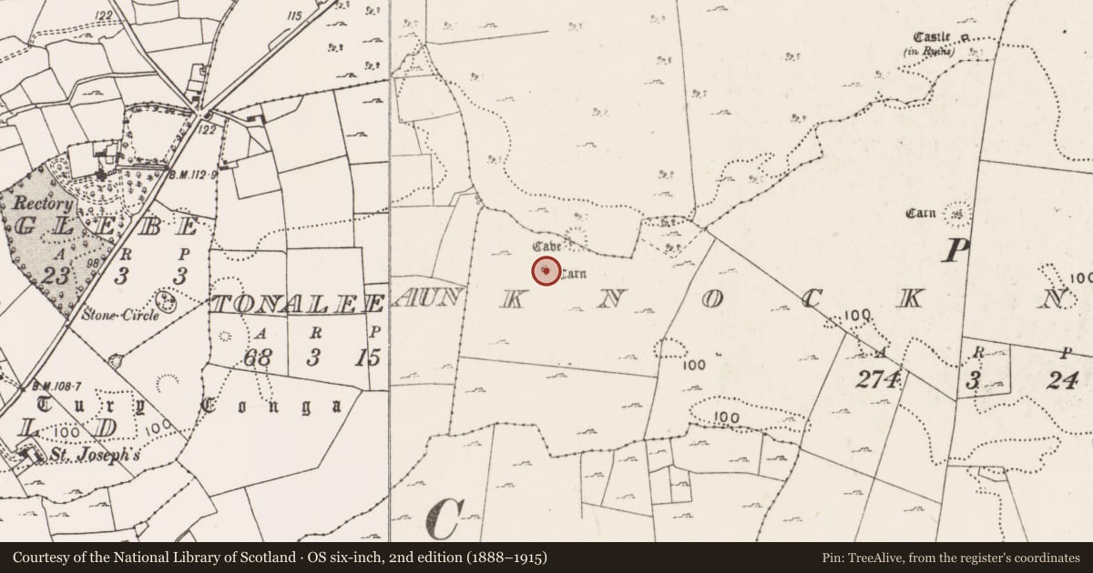 Ordnance Survey six-inch map, 2nd edition (1888–1915) covering the location of Cairn - unclassified, Knock North, County Mayo, with a pin at the register's coordinates