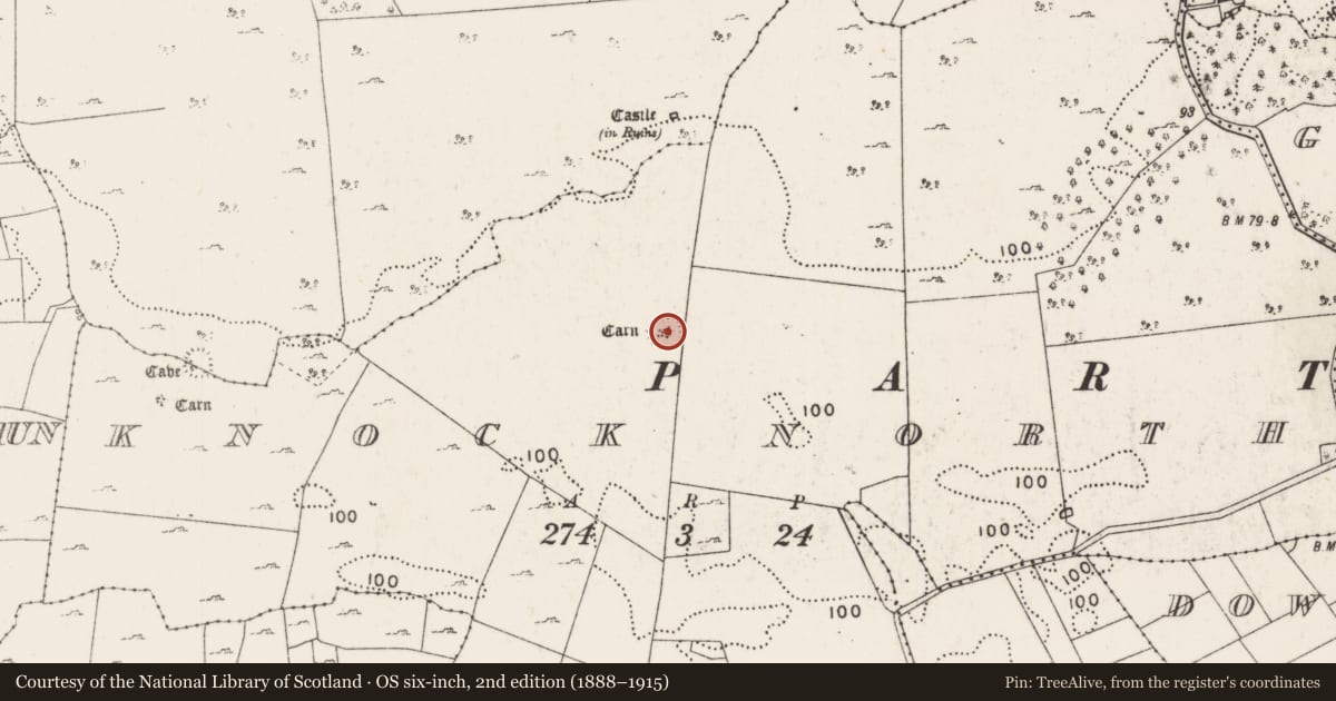 Ordnance Survey six-inch map, 2nd edition (1888–1915) covering the location of Cist, Knock North, County Mayo, with a pin at the register's coordinates