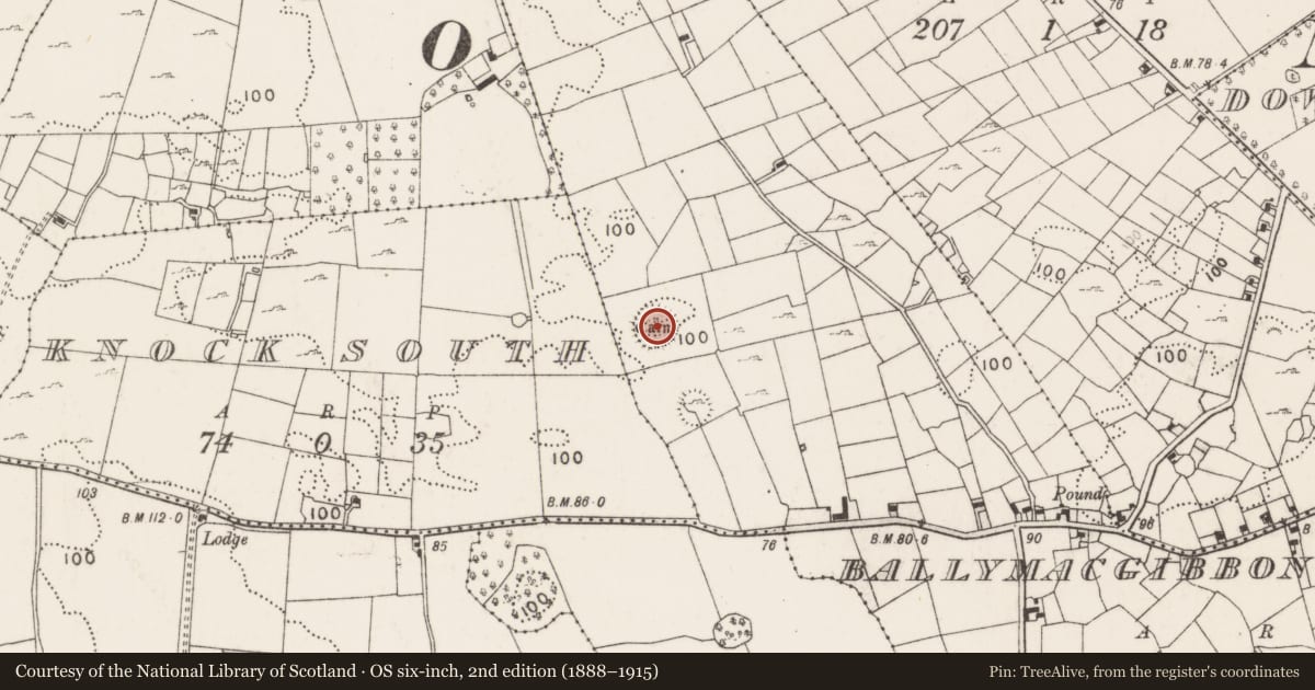 Ordnance Survey six-inch map, 2nd edition (1888–1915) covering the location of Cairn - unclassified, Ballymacgibbon North, County Mayo, with a pin at the register's coordinates