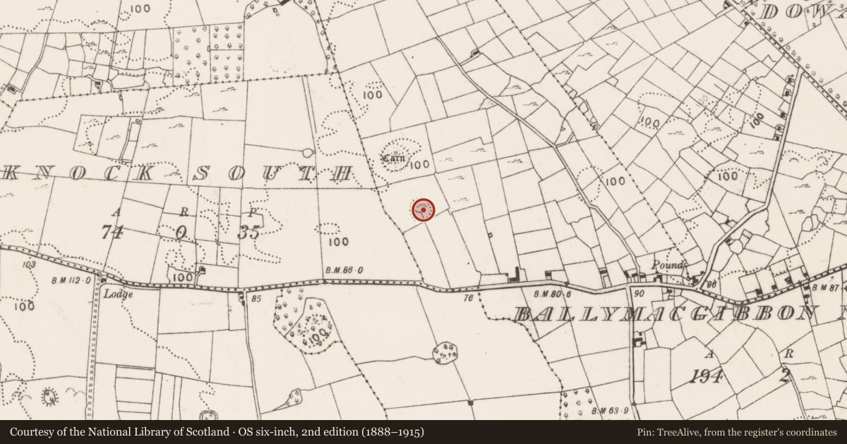 Ordnance Survey six-inch map, 2nd edition (1888–1915) covering the location of Ringfort - unclassified, Ballymacgibbon North, County Mayo, with a pin at the register's coordinates