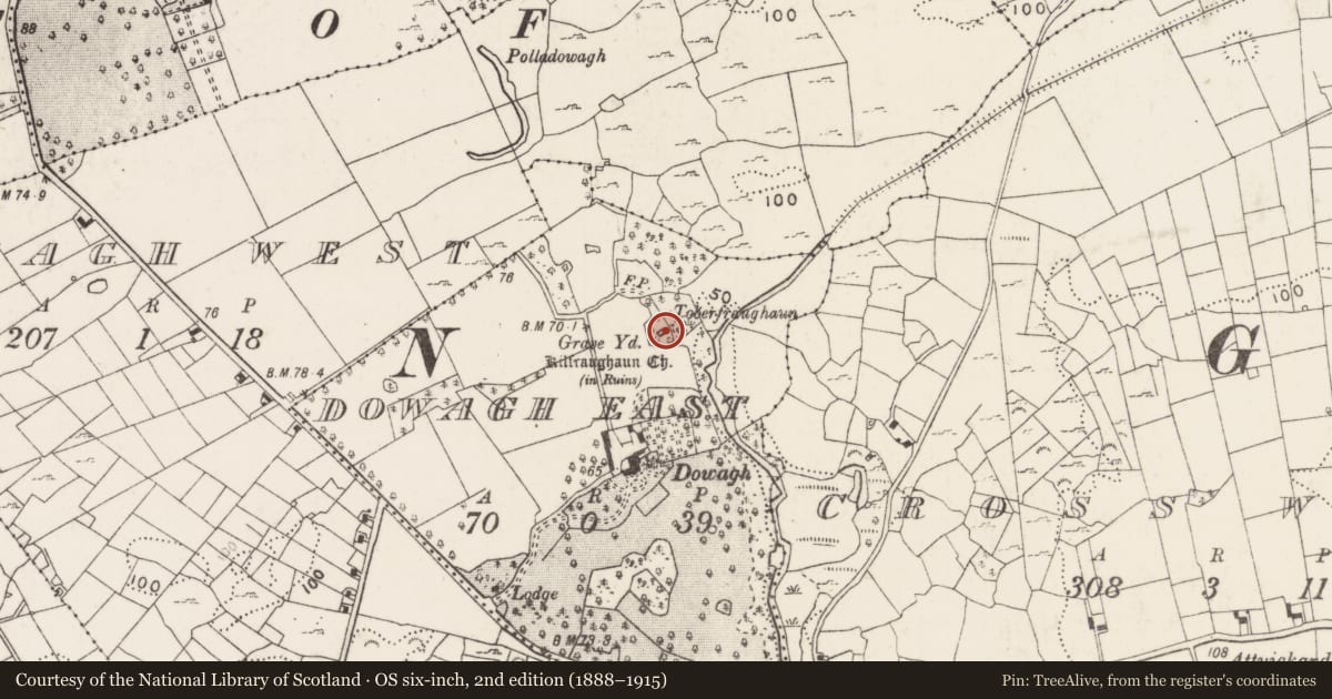 Ordnance Survey six-inch map, 2nd edition (1888–1915) covering the location of Church, Dowagh East, County Mayo, with a pin at the register's coordinates