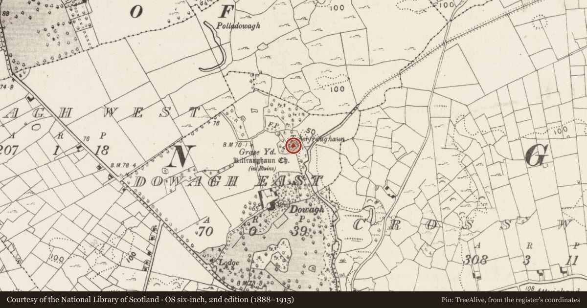 Ordnance Survey six-inch map, 2nd edition (1888–1915) covering the location of Ritual site - holy well, Dowagh East, County Mayo, with a pin at the register's coordinates