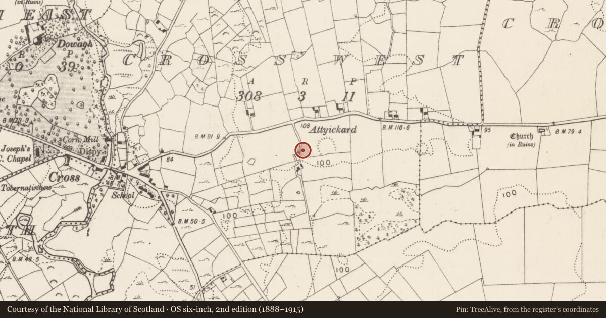 Ordnance Survey six-inch map, 2nd edition (1888–1915) covering the location of House - indeterminate date, Cross West, County Mayo, with a pin at the register's coordinates