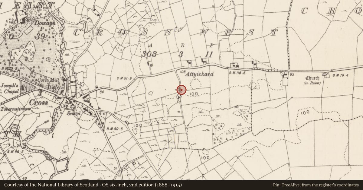 Ordnance Survey six-inch map, 2nd edition (1888–1915) covering the location of House - indeterminate date, Cross West, County Mayo, with a pin at the register's coordinates
