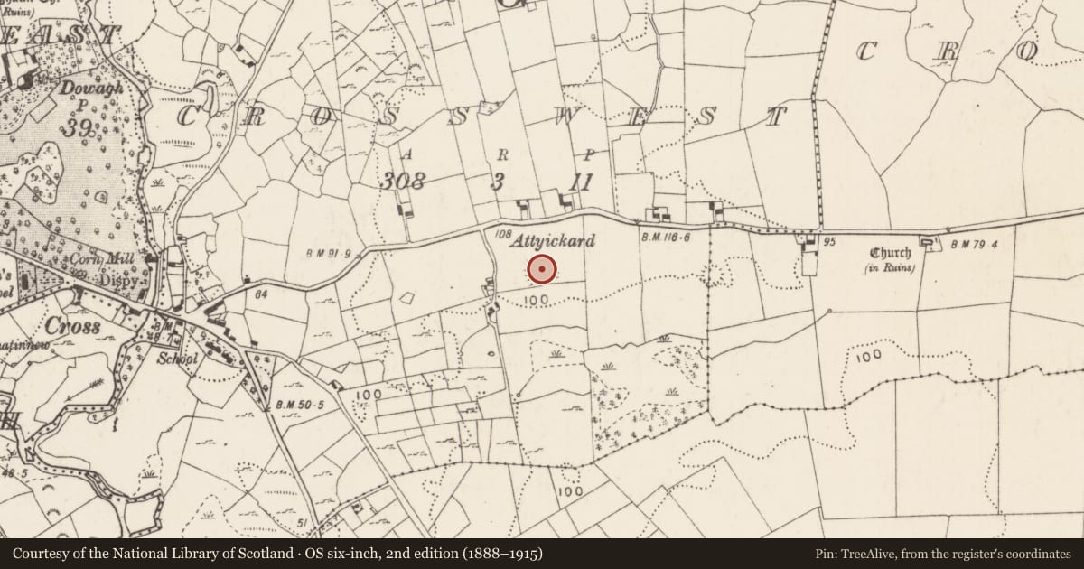 Ordnance Survey six-inch map, 2nd edition (1888–1915) covering the location of Souterrain, Cross West, County Mayo, with a pin at the register's coordinates