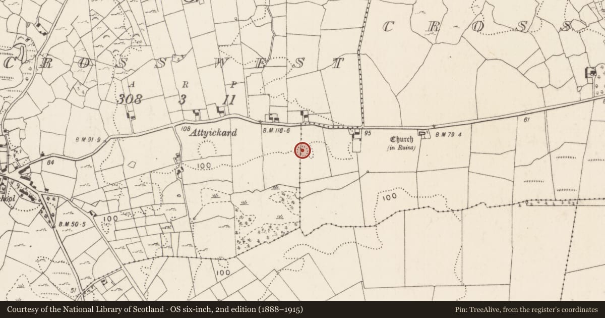 Ordnance Survey six-inch map, 2nd edition (1888–1915) covering the location of Enclosure, Cross East, Cross West, County Mayo, with a pin at the register's coordinates