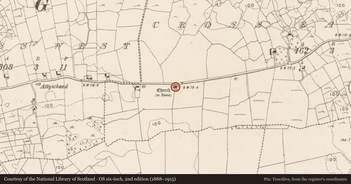 Ordnance Survey six-inch map, 2nd edition (1888–1915) covering the location of Church, Cross East, County Mayo, with a pin at the register's coordinates