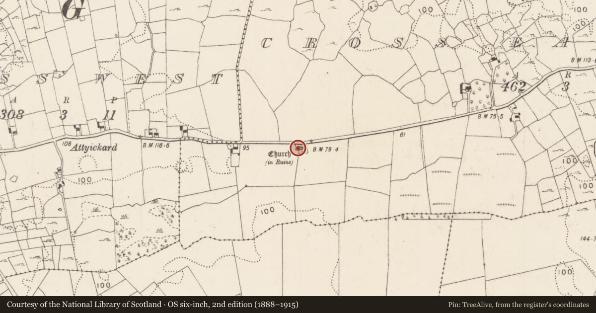 Ordnance Survey six-inch map, 2nd edition (1888–1915) covering the location of Castle - tower house, Cross East, County Mayo, with a pin at the register's coordinates