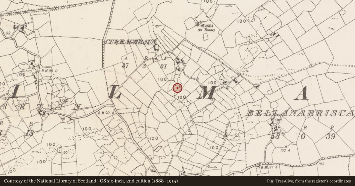 Ordnance Survey six-inch map, 2nd edition (1888–1915) covering the location of Ringfort - rath, Kilkeeran (Kilmaine By., Kilmainebeg Par.), County Mayo, with a pin at the register's coordinates