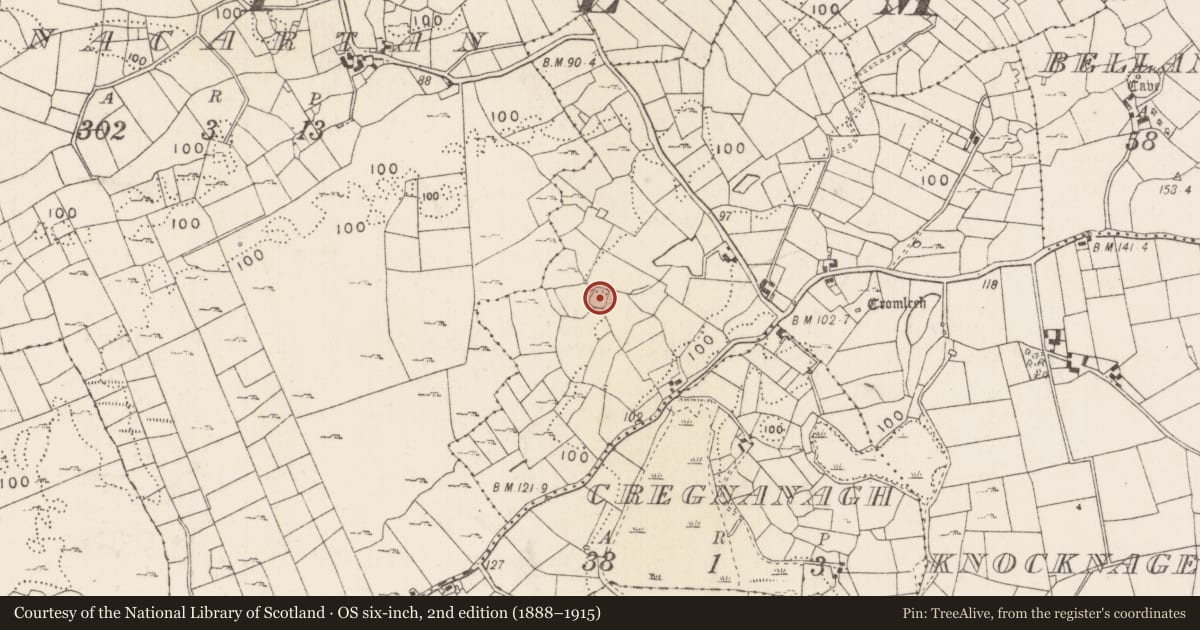 Ordnance Survey six-inch map, 2nd edition (1888–1915) covering the location of Enclosure, Knocknageeha, County Mayo, with a pin at the register's coordinates