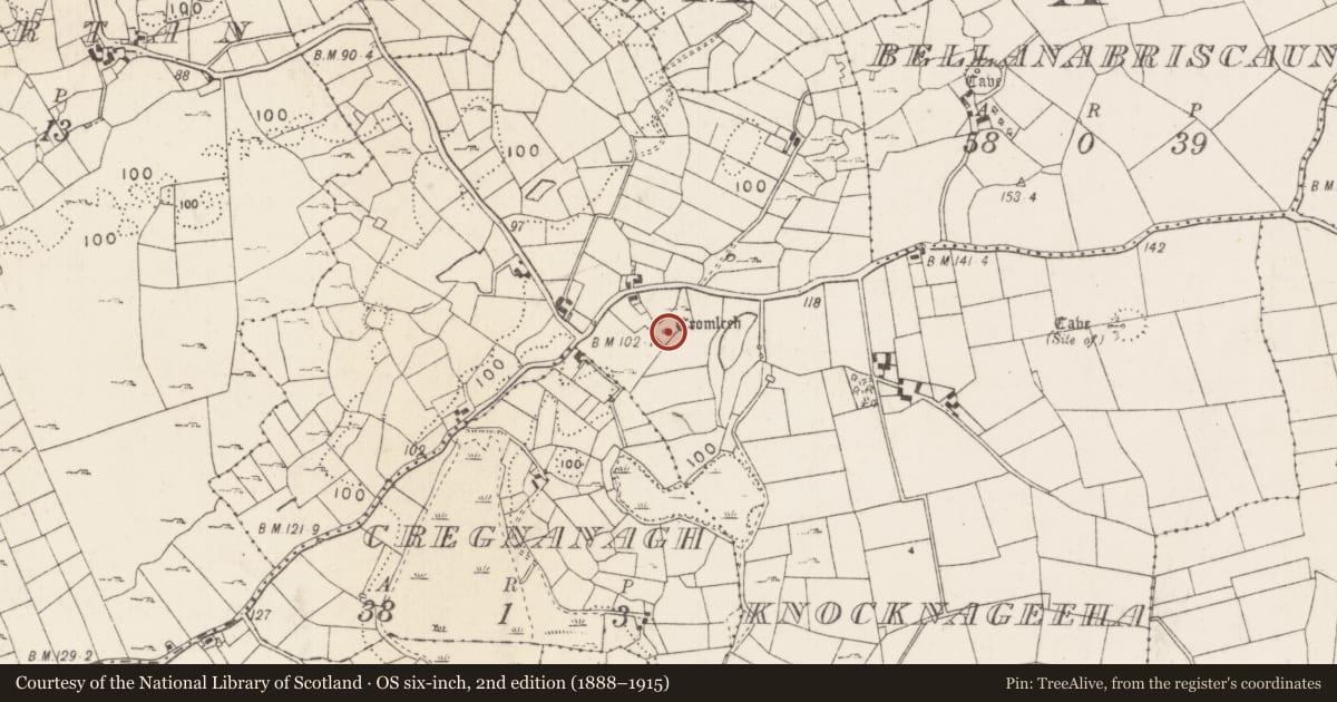 Ordnance Survey six-inch map, 2nd edition (1888–1915) covering the location of Megalithic tomb - court tomb, Knocknageeha, County Mayo, with a pin at the register's coordinates
