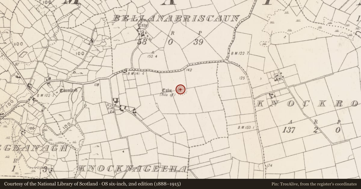Ordnance Survey six-inch map, 2nd edition (1888–1915) covering the location of Souterrain, Knocknageeha, County Mayo, with a pin at the register's coordinates